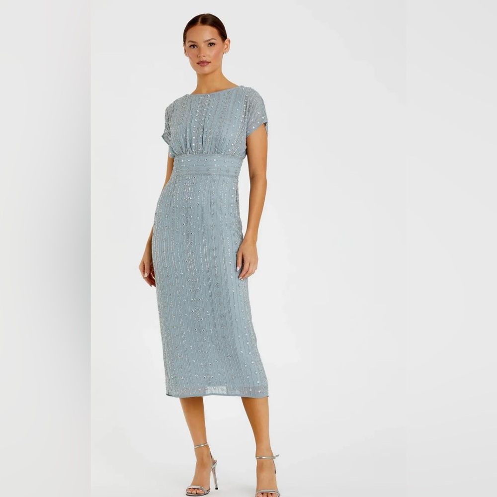 Mac  Duggal Beaded Slate Blue Midi Dress Size 16‎